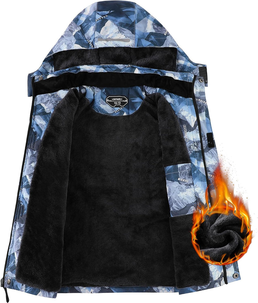 Boy's Waterproof Ski Jacket Warm Winter Snow Coat Kids Fleece Snowboarding Jackets Thick Hooded Windproof Coats