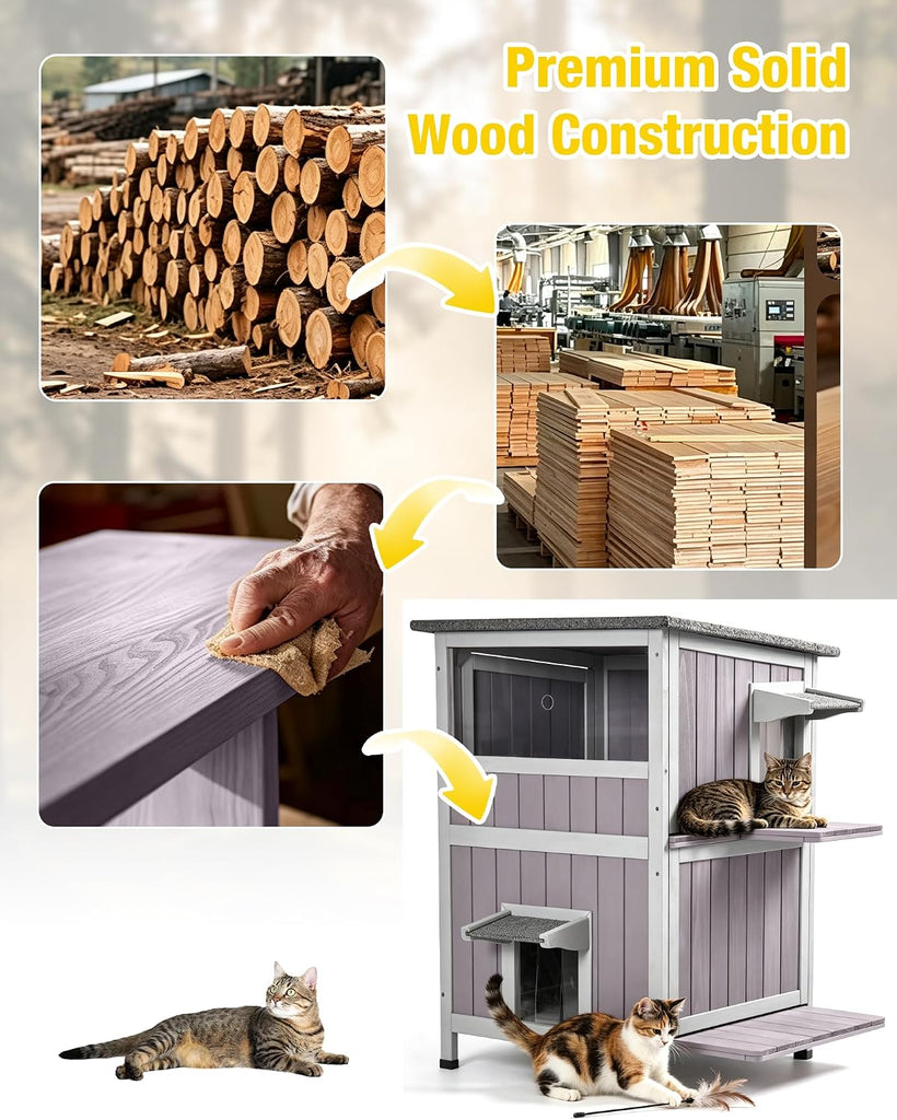 2-Story Cat House - Solid Wood Outdoor/Indoor Kitty Condo