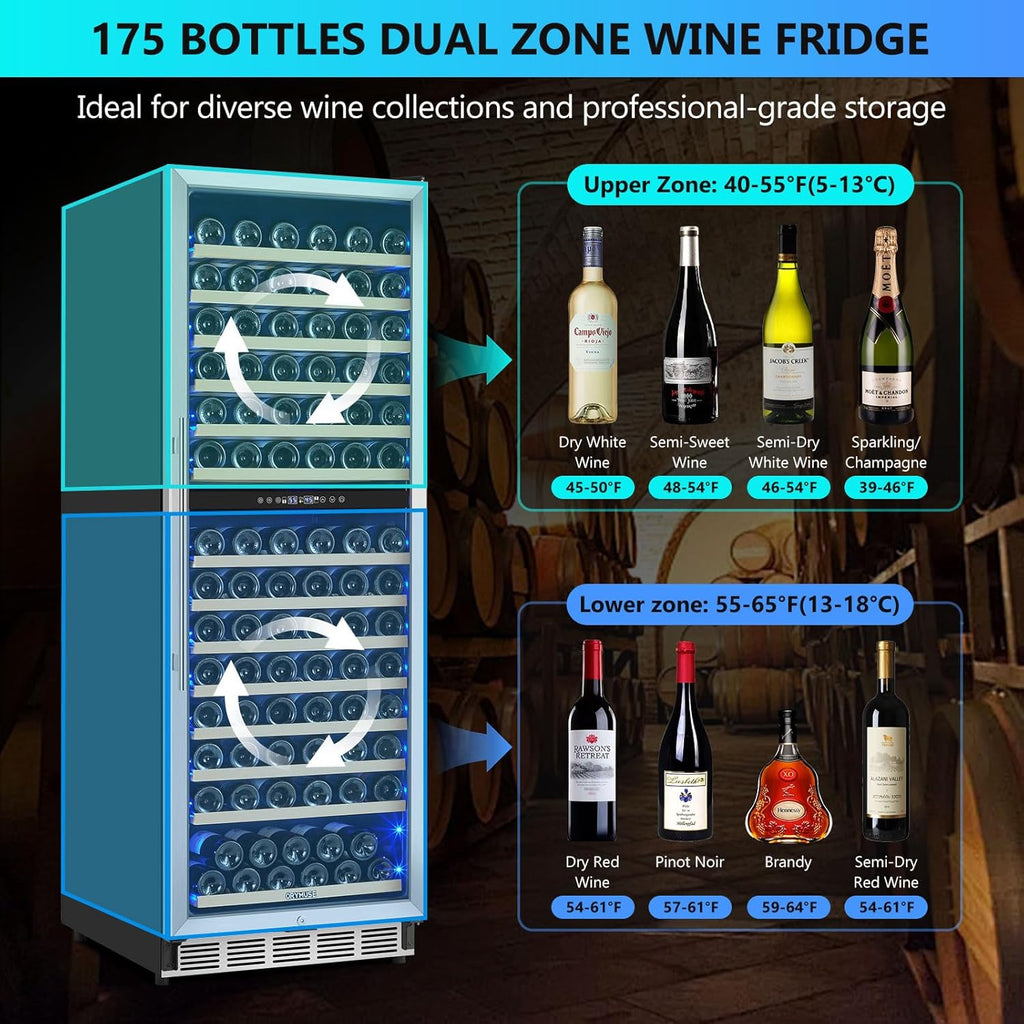 Dual Zone Wine Fridge Freestanding 175 Bottle, 24 Inch Large Capacity Built