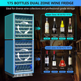 Dual Zone Wine Fridge Freestanding 175 Bottle, 24 Inch Large Capacity Built
