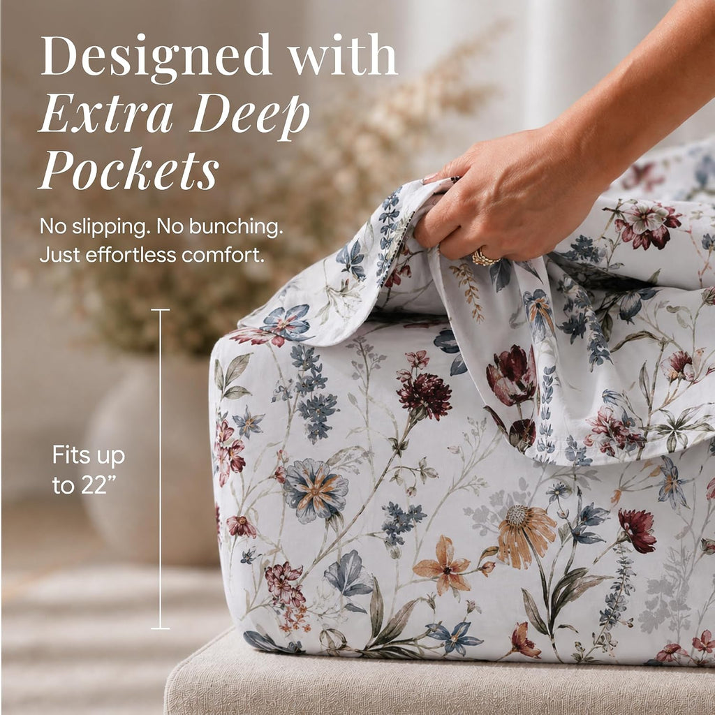 Deep Pocket King Sheet Set - 300 Thread Count Cotton Sateen Sheets with 22-Inch Extra Deep Pockets, Oeko-Tex
