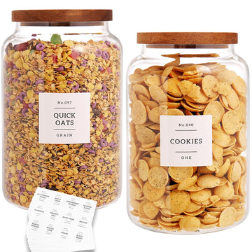 Set of 2 Large Glass Flour and Sugar Containers with 132 Pantry Labels - Glass Food Storage Jars with Airtight Bamboo