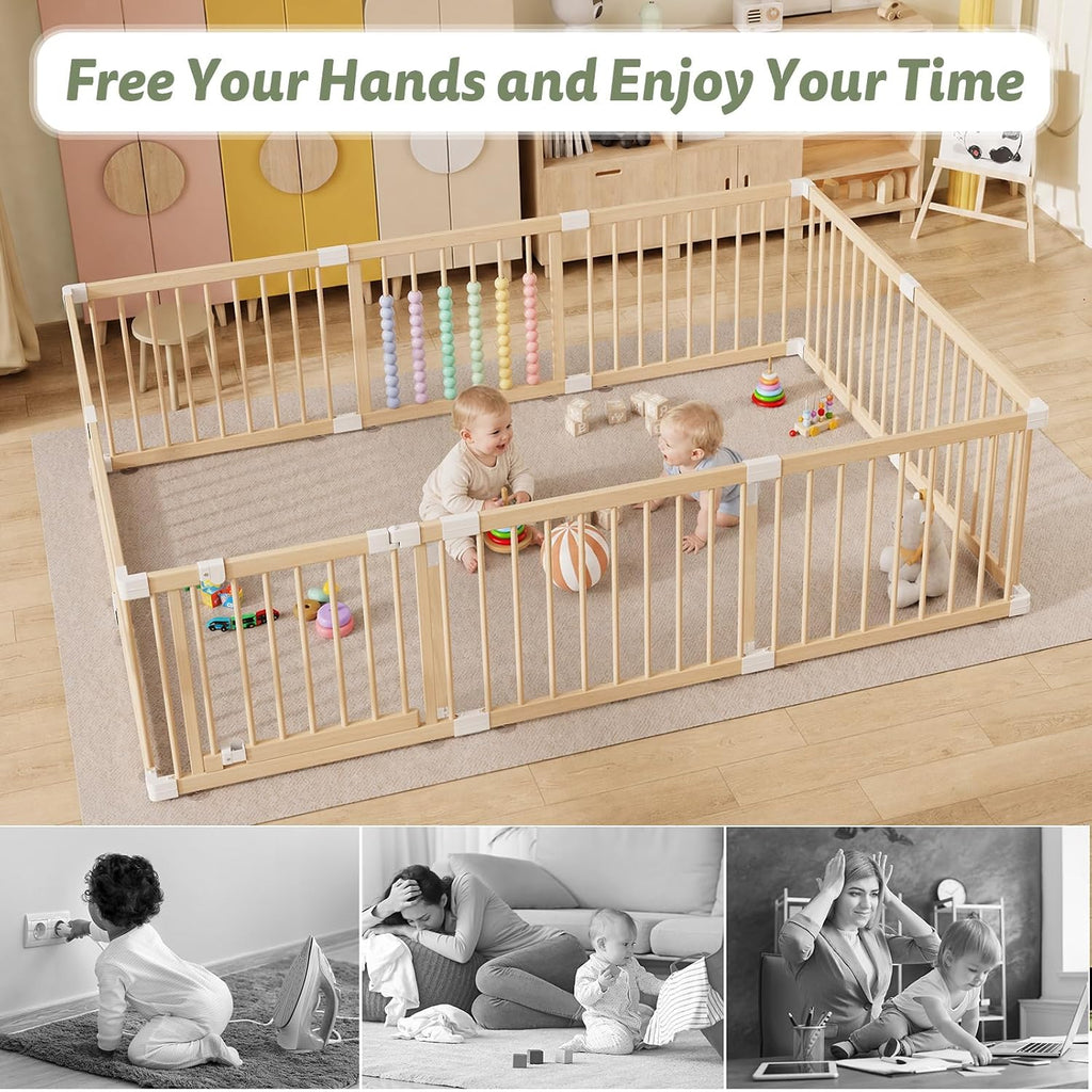 Wooden Baby Playpen, 10 Panels Fence for Babies and Toddlers 83"×57" | Size Adjustable Baby Play Yard with Locking