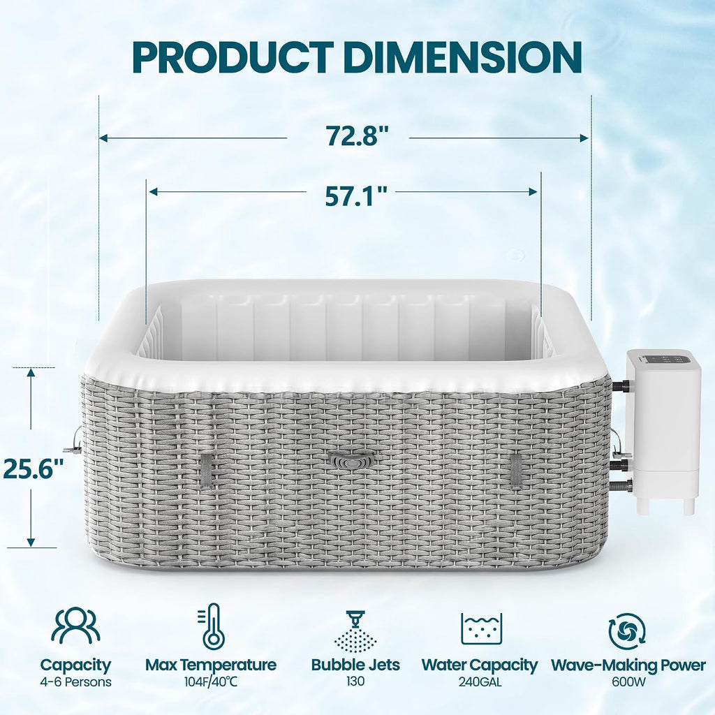 Inflatable Hot Tub for 4-6 Person, Outdoor Hot Tub with 130 Airjets | Portable Filtered Spa with Continuous Heating
