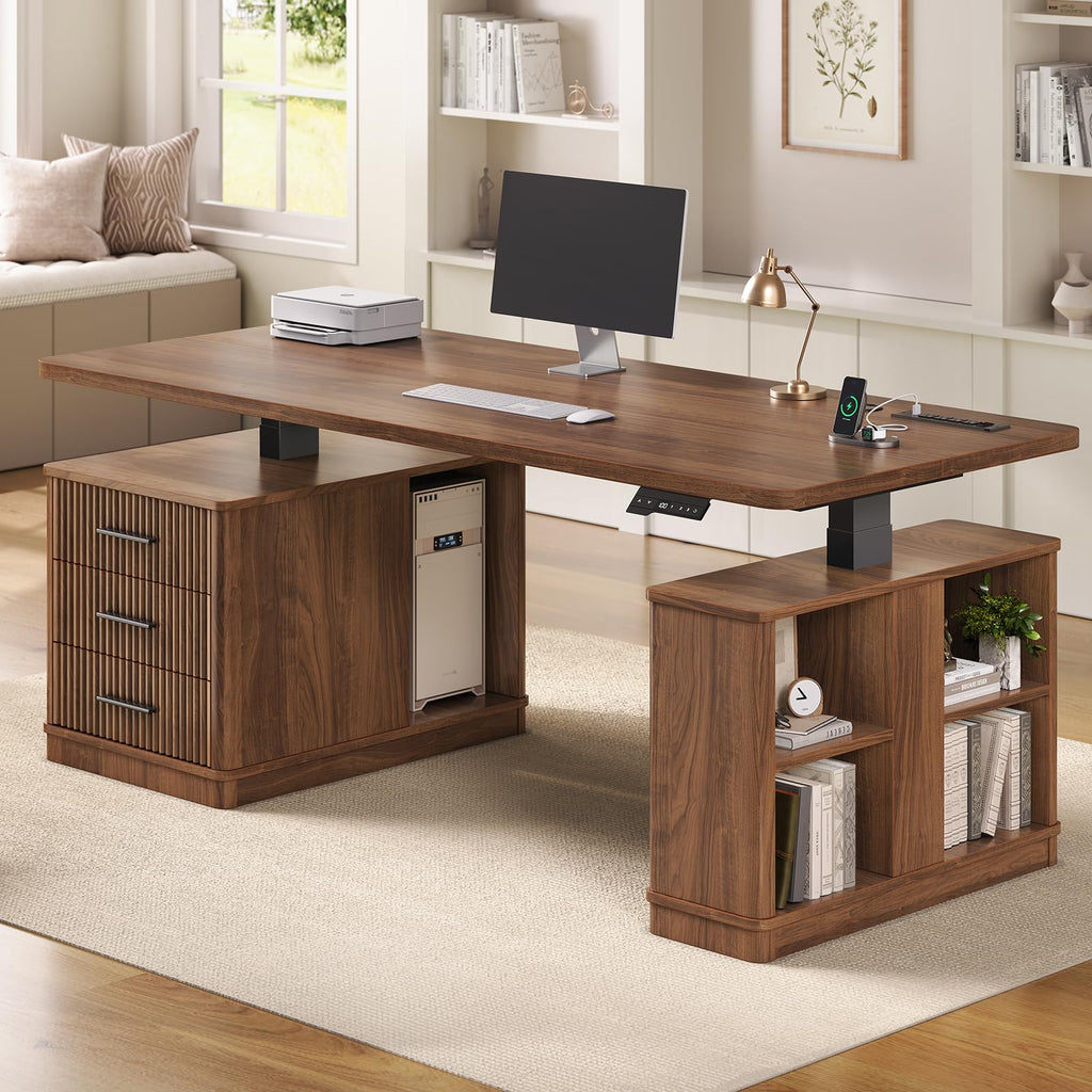 63" Fluted Electric Standing Desk with 3 Drawers, Storage Shelves
