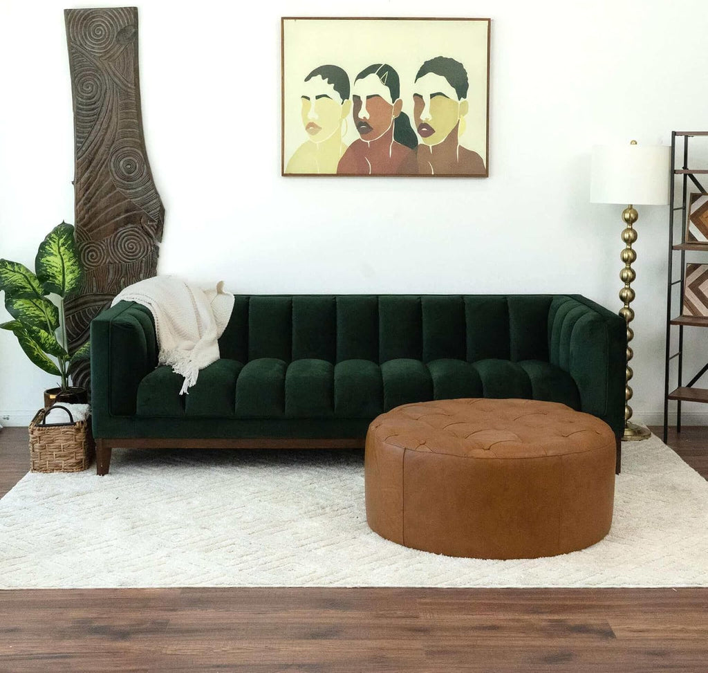 37.4" Round Leather Ottoman, Mid-Century Modern Tufted Pouf Ottoman Foot Rest, Oversized Coffee Table Ottomans