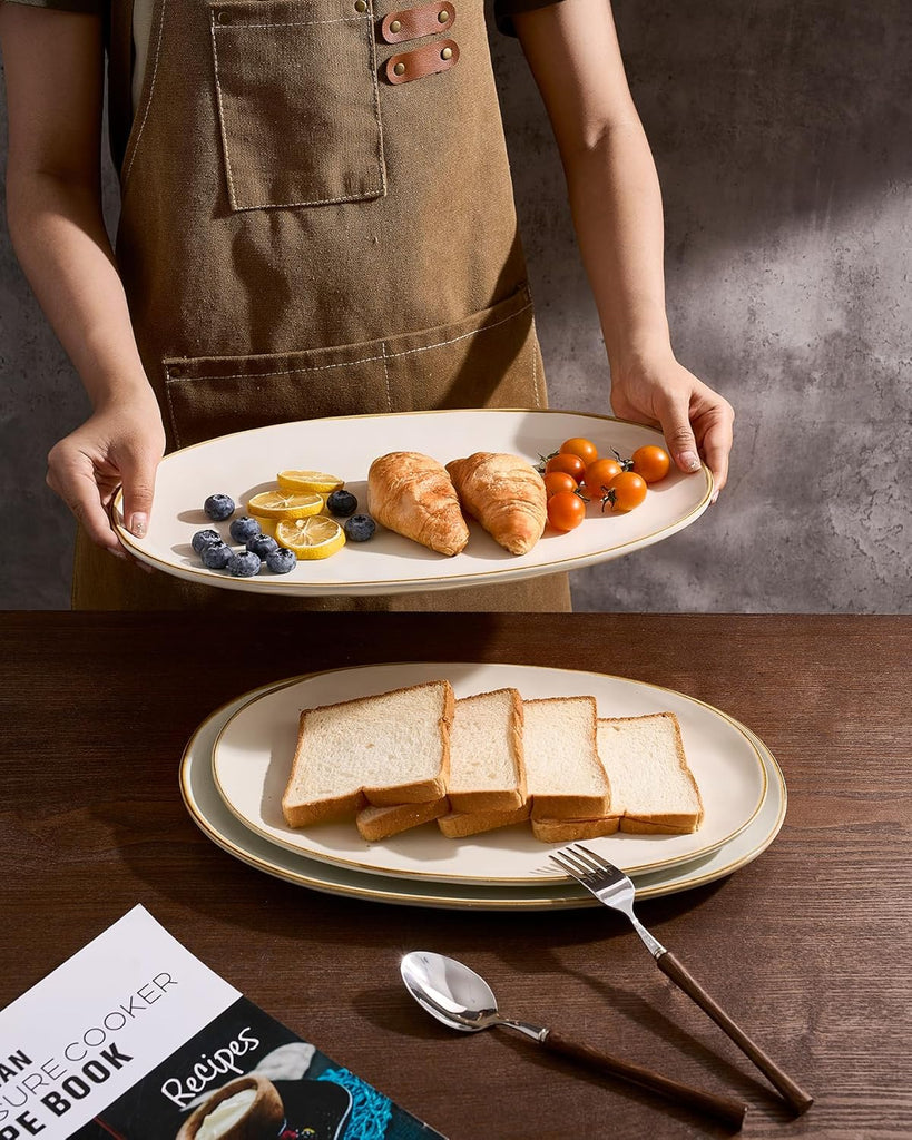Serving Platters Set of 3 Sizes - Oval, Vanilla White | 15.59"/14.3"/12.9" Fine Stoneware Serving Trays for Party