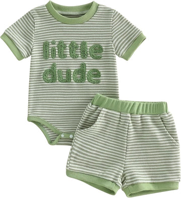 Little Dude Baby Boy Outfit Summer Waffle Romper Shorts Set