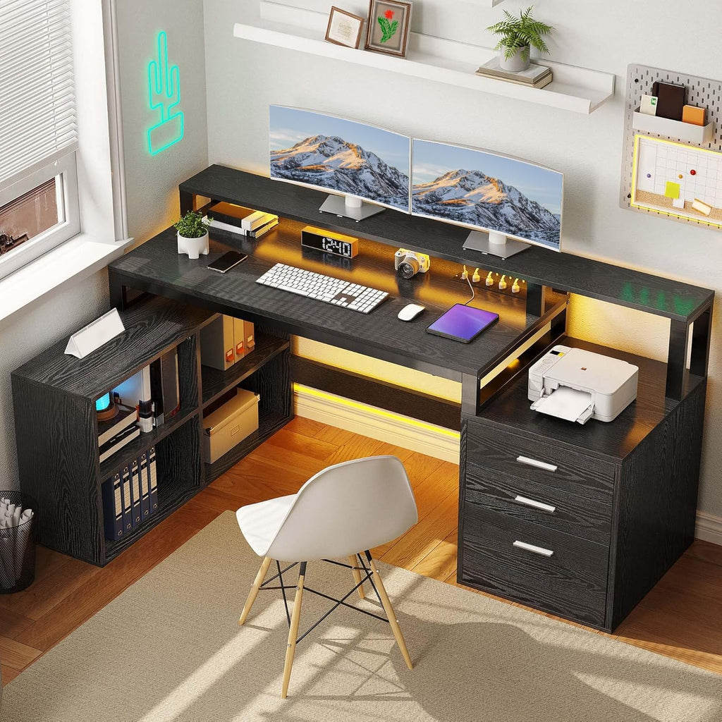 L Shaped Desk with Drawers, 65" Computer Desk with Power Outlets & LED Lights
