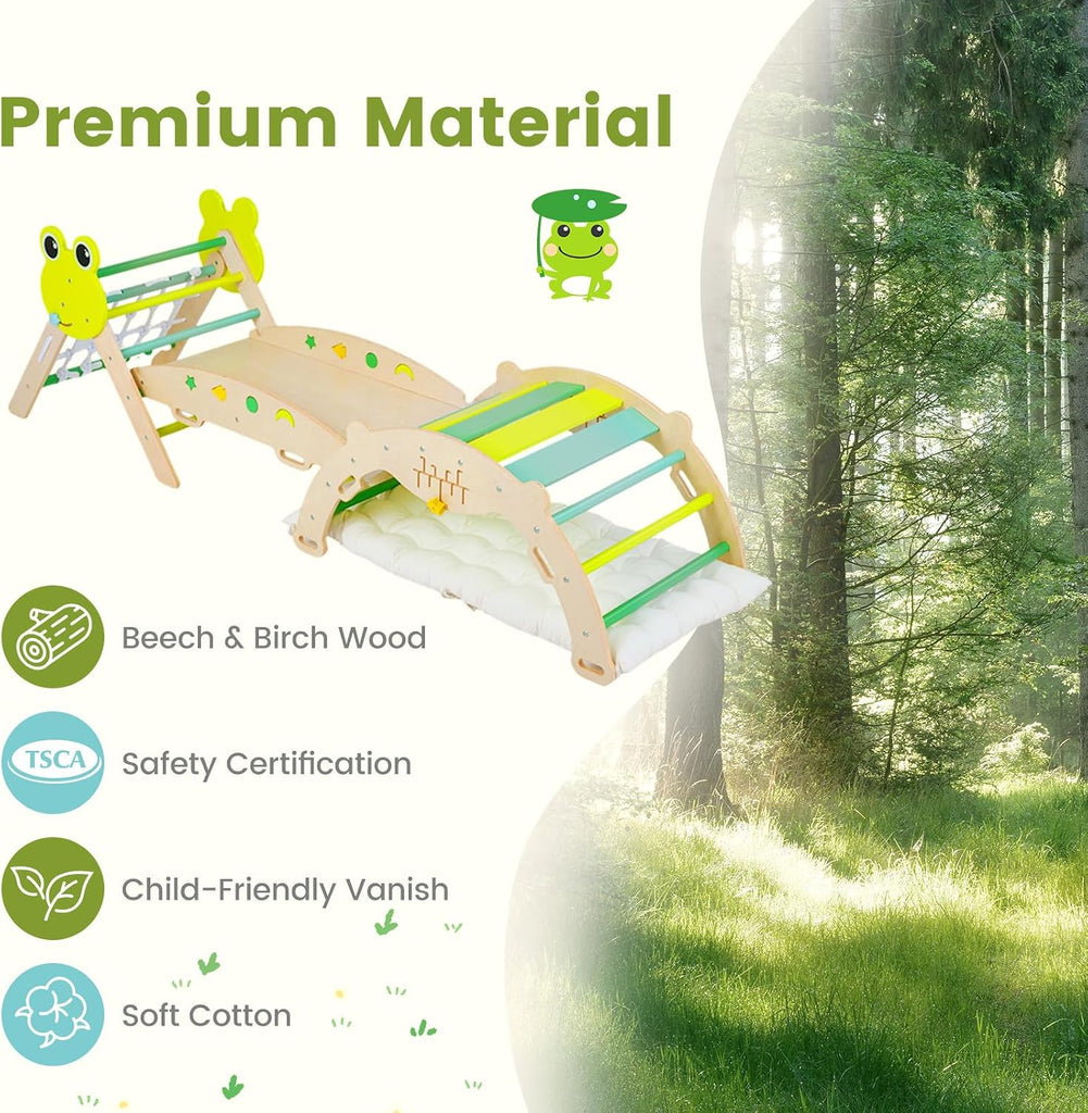 Triangle Set, 13 in 1 Frog Theme Foldable Wooden Montessori Toddler Climbing Toys Indoor with Cushion Ramp Arch