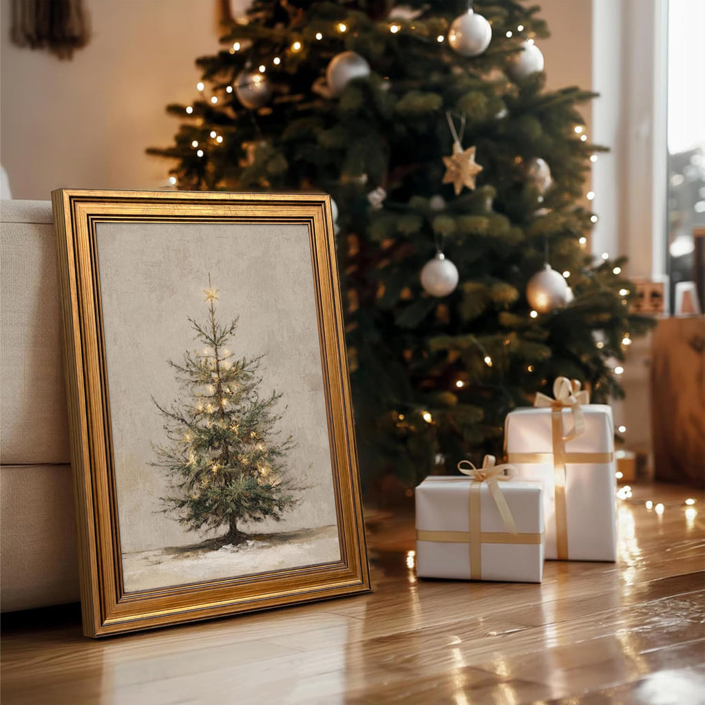 Gold Framed Christmas Wall Art, Christmas Tree Wall Decor, Lighted Evergreen Pine Canvas Print, Vintage Neutral