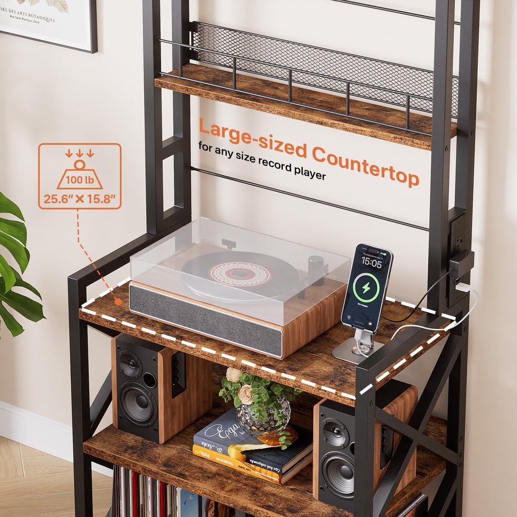 Record Player Stand with Power Outlet - Turntable Display Shelf