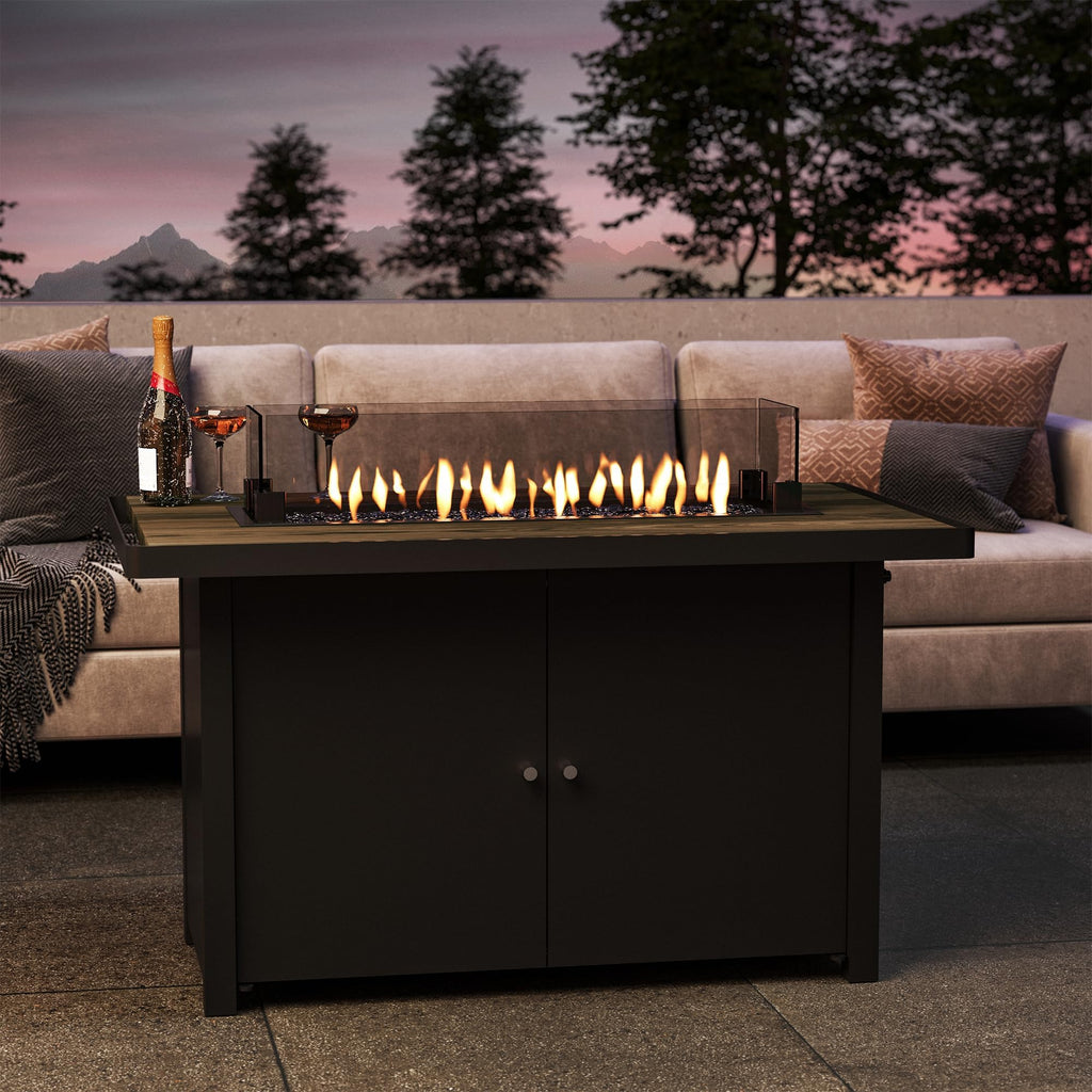 43" Propane Fire Pit Table, 55000 BTU Gas Fire Pit with 2 Tiered Storage Space, Wood Grain Tabletop, Gray Glass Wind