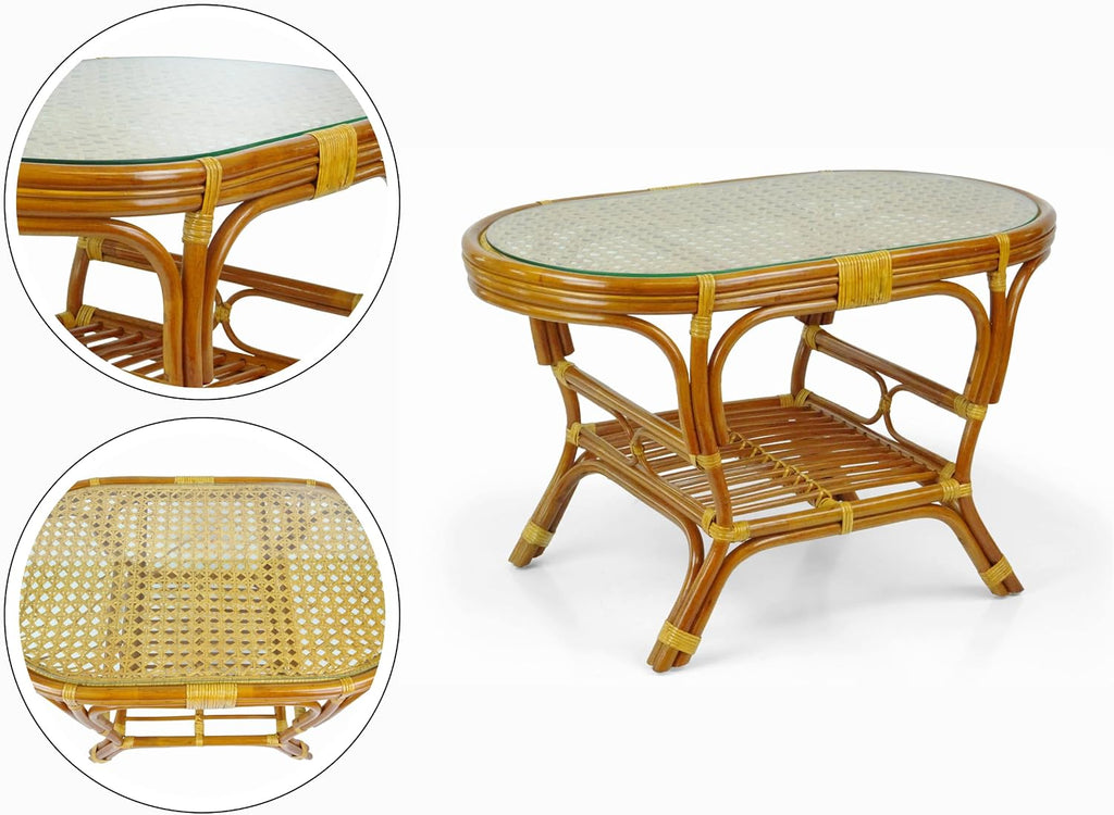 Malibu Lounge Set of 4: 2 Natural Rattan Wicker Chairs, Three-Seater Sofa with Cushions, and Coffee Table with Glass