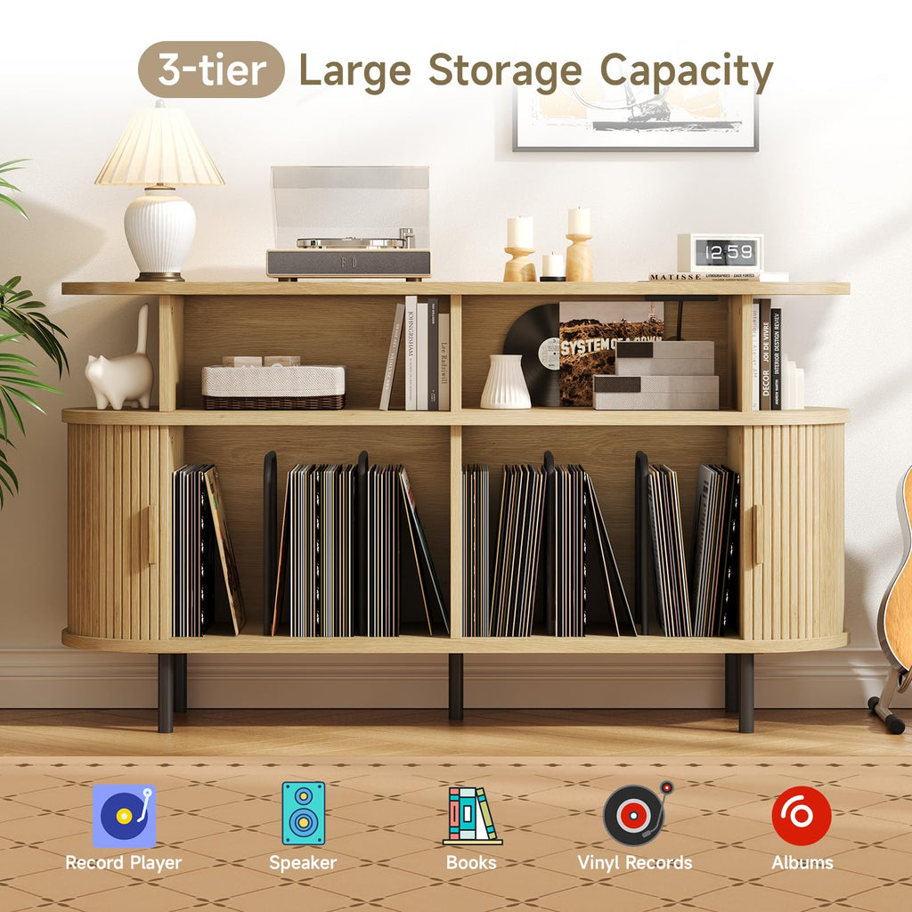 55" Large Round Record Player Stand with Charging Station, Oak