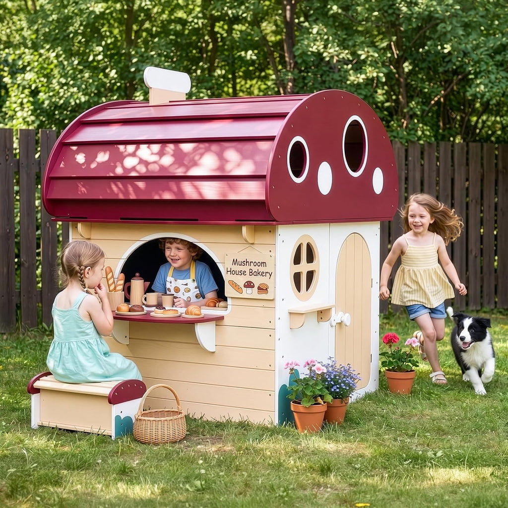 Outdoor Solid Wood Kids Playhouse for Ages 3-8 | Toddler Outdoor Play Kitchen with Chalkboard, Half Door, White Kids