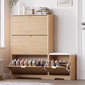 Slim Shoe Cabinet with Bench, Hidden Storage and Adjustable Shelves, Free Standing Wooden Shoes Organizer, Foyer