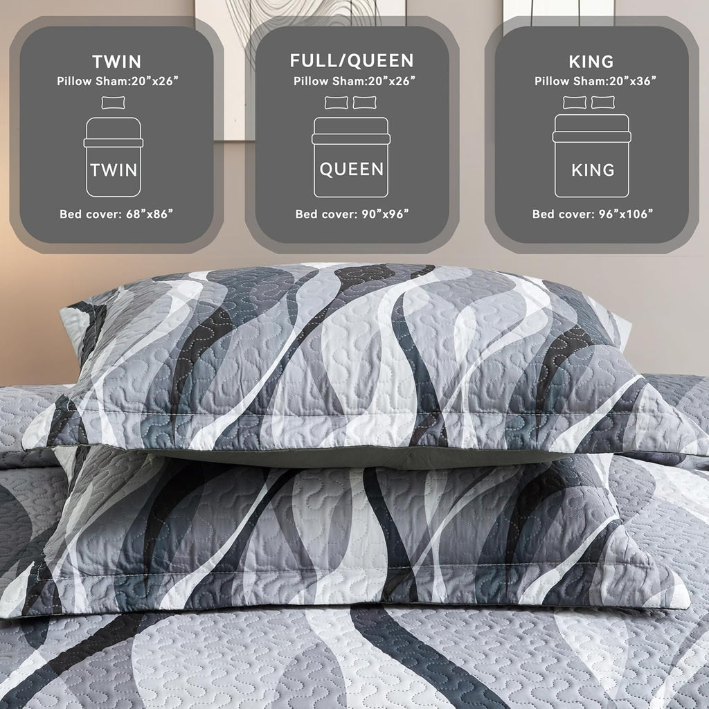 Weesire Classic Line Pattern Bedding Quilt Queen Modern Grey Black and White Stripe Quilt with 2 Shams