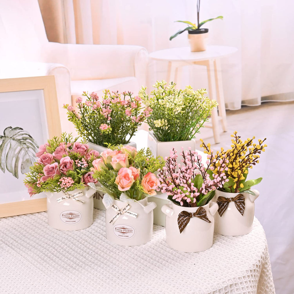 6Pcs Artificial Flowers with Ceramic Pot, Faux Flowers in Vase