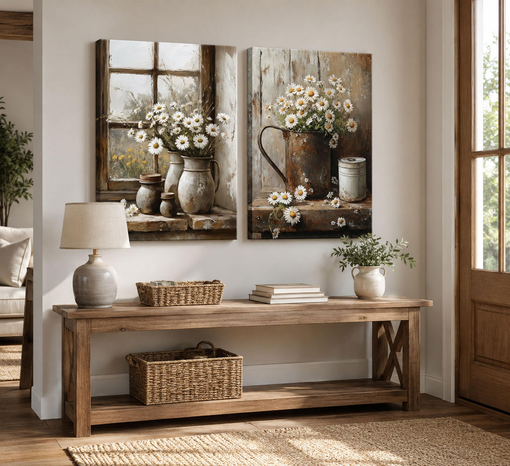 2Pcs Farmhouse Daisy Wall Art Country Bathroom Wall Decor