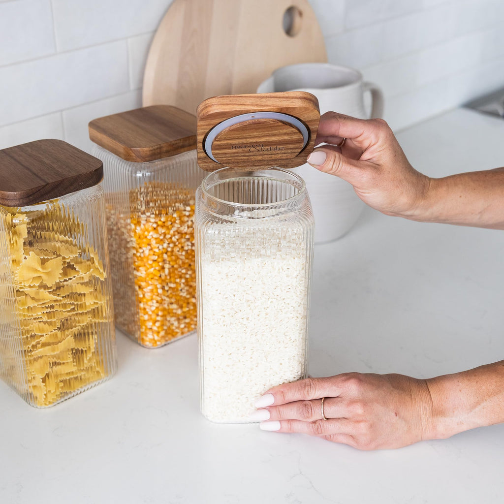 Ribbed Glass Square Jar with Wooden Lid 58fl.oz - Set of 3 | Airtight Fluted Storage Canister for Food, Pasta