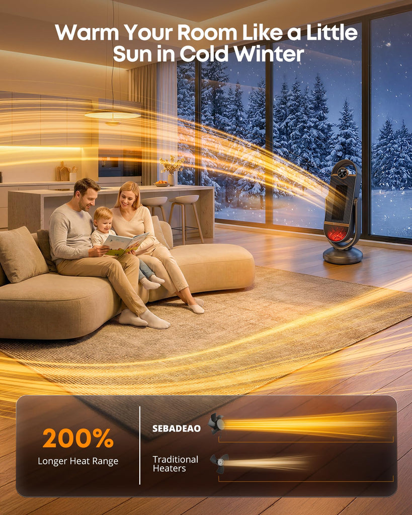 Space Heater, 1500W Graphene PTC Electric Heater with 3D Flame Effect, 60° Oscillation, Remote Thermostat 12H Timer