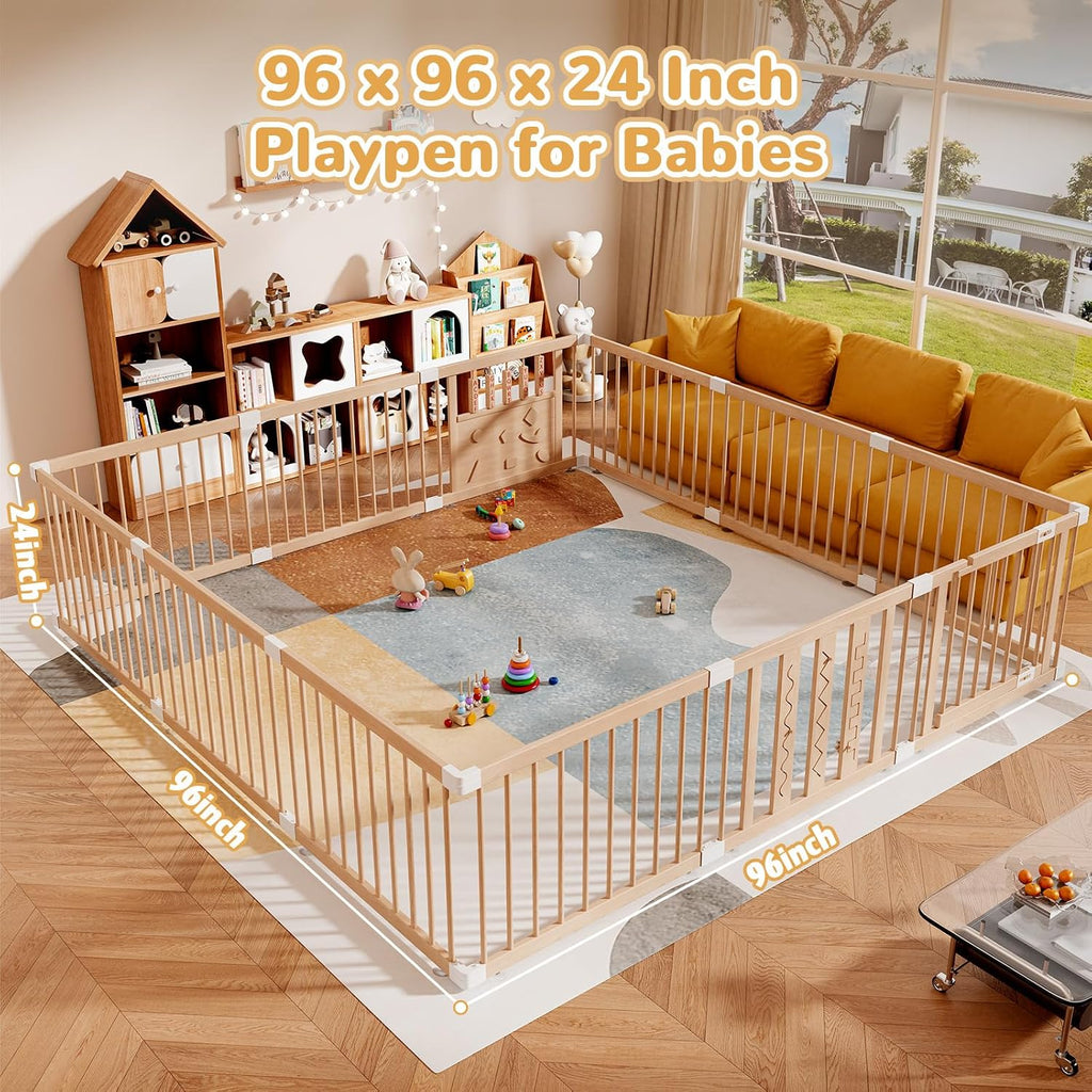 Wooden Baby Playpen, 64"x64" Extra Large Play Yard for Toddlers