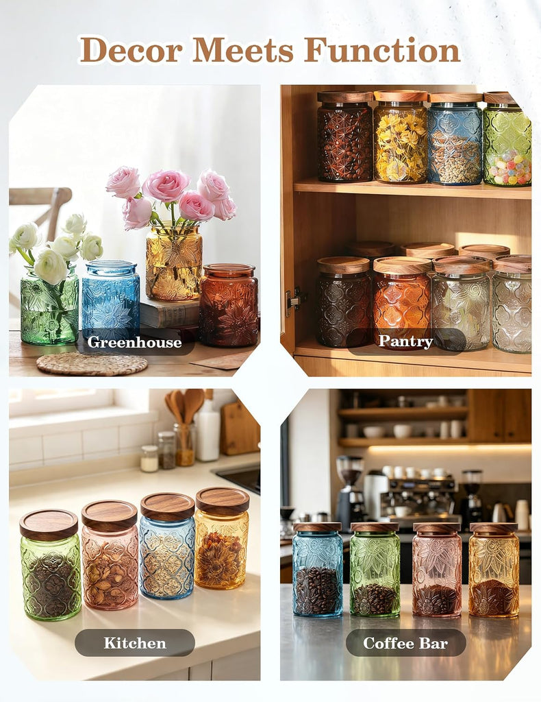 Glass Jar with Airtight Wood Lid - 24 OZ Vintage Storage Canister Pantry Bathroom, Decorative Beautiful Container