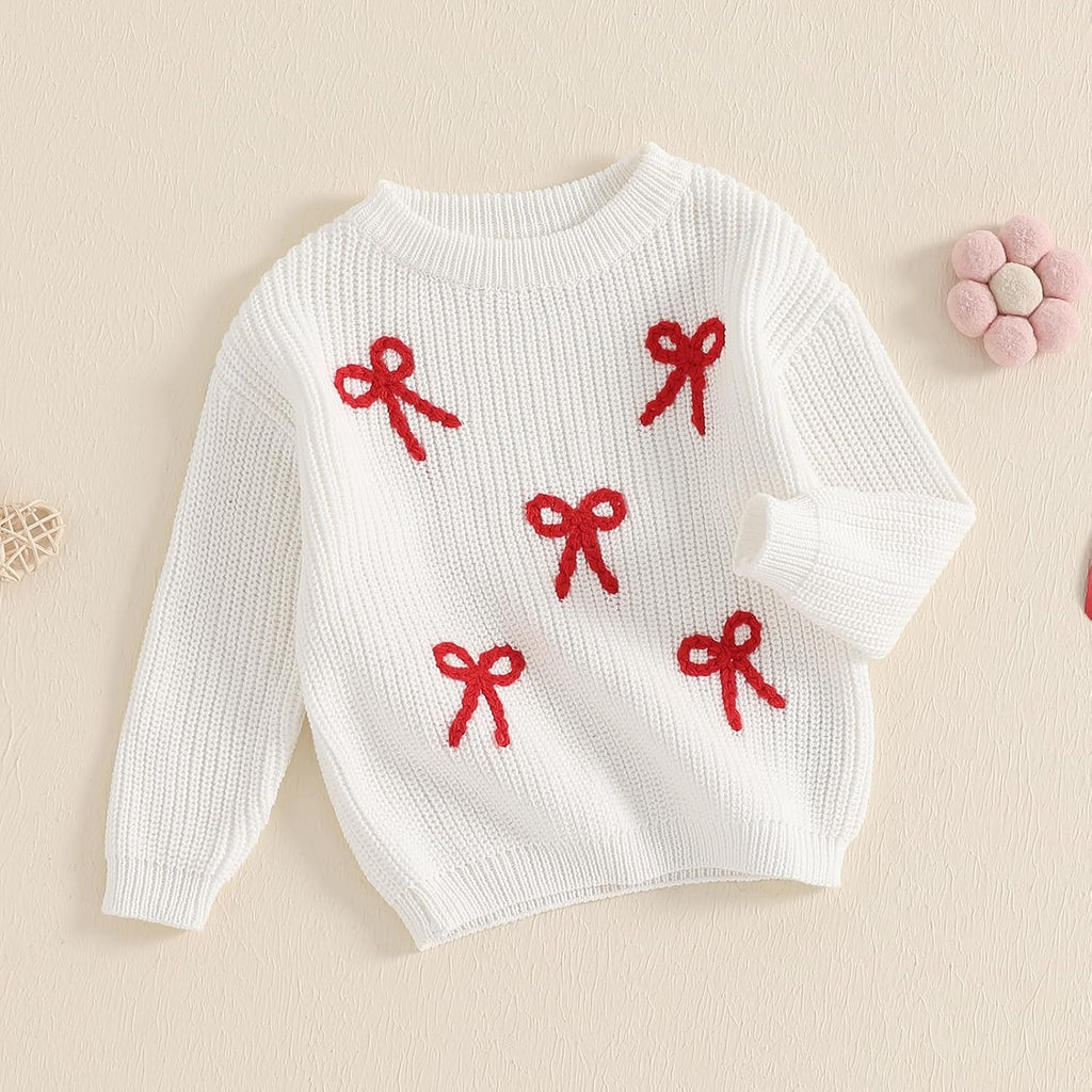 Toddler Baby Girl Knit Sweater Bow Embroidery Chunky Sweatshirt Tops Oversized Warm Christmas Fall Winter Clothes