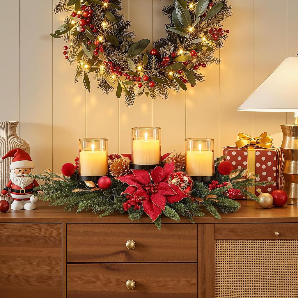 28" Red Gold Christmas Centerpiece with 3 Candle Trays,1 Pcs