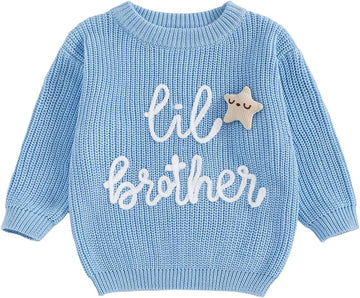 Newborn Baby Boy Knit Sweater Outfit Little Lil Brother Long Sleeve Letter Embroidery Top Sweatshirt Infant Fall