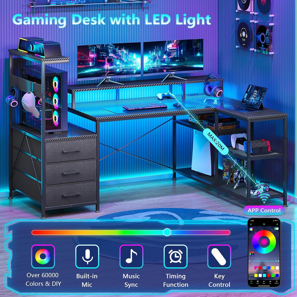 L Shaped Gaming Desk with Drawers & Storage Shelves for Game, Home Office | Corner Gaming Desk with Power Outlets &