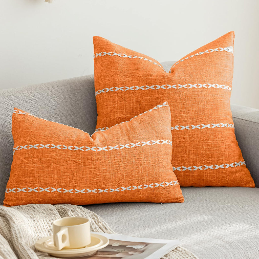 Orange Fall Striped Cotton Linen Decorative Throw Pillow Cover Embroidery Square Cushion Cover Pillowcase for Sofa
