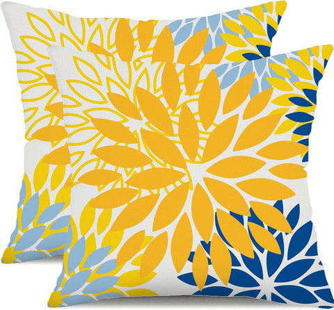 Yellow Blue Flower Pillow Covers 18x18 Inch Set of 2 White Gray Colored Throw Pillows Outdoor Waterproof Decor