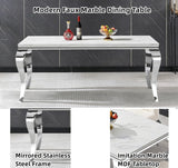 Luxury Marble Dining Table Rectangular 68" Faux Marble Kitchen Table with Silver Mirrored Stainless Steel Legs, White