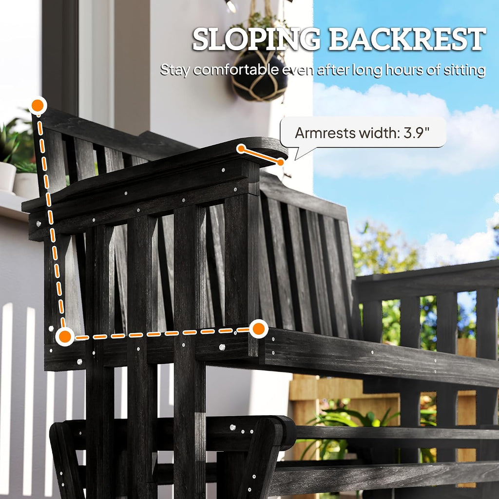 2-Person Patio Swing Glider Bench with Quick Drying Design Black | Wide Armrest, Wooden Patio Glider Bench, Rocking