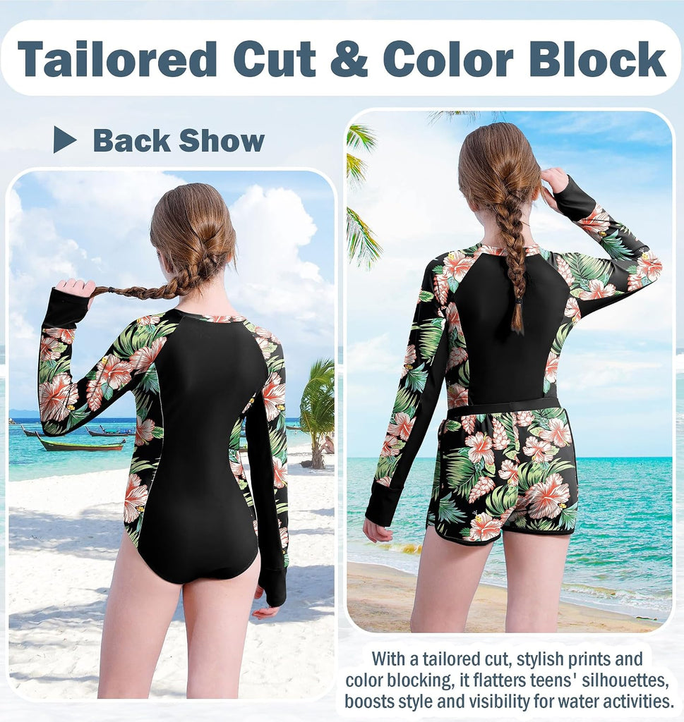 Girls Rash Guard Swimsuit 2 Piece Long Sleeve One Piece Bathing Suits with Swim Shorts Kids UPF 50+ Swimwear Sets