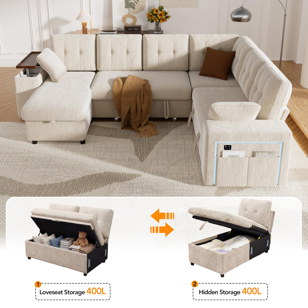 112" Modular Sectional Sleeper Sofa with Pull Out Bed, Chenille Modern 7 Seat L Shaped Couch with Reclining