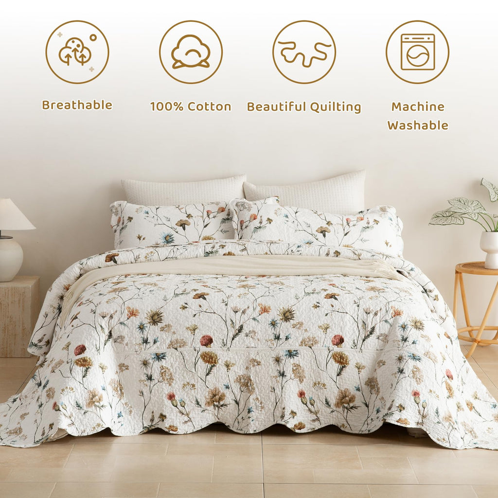 100% Cotton Floral Bedspread(120"x120"), Watercolor Wildflower Botanical Quilt Set 3Pcs Soft Neutral