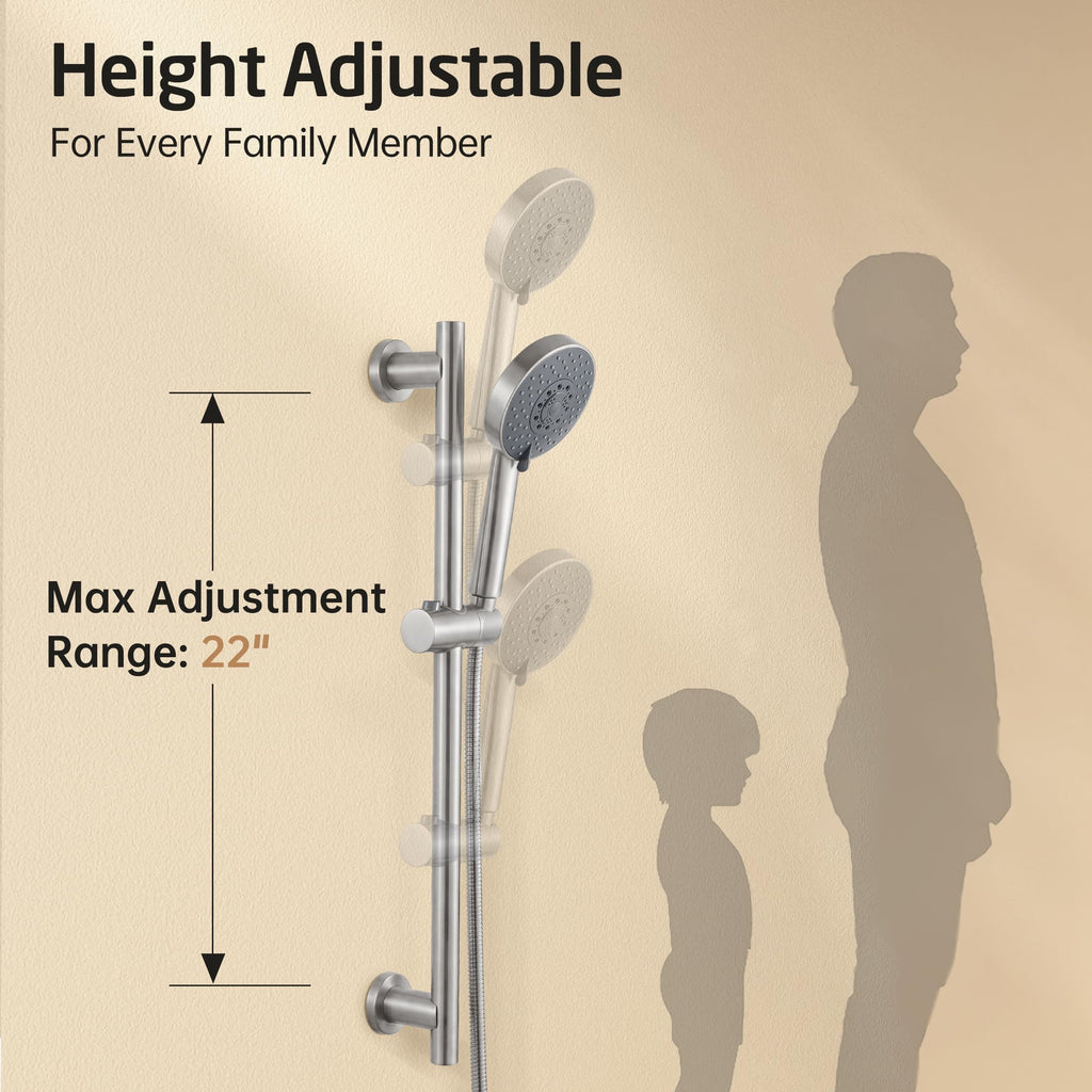 Adjustable Shower Head with Slide Bar, 5-Function Handheld Sliding Shower Head with Extra Long Hose Wall Mount