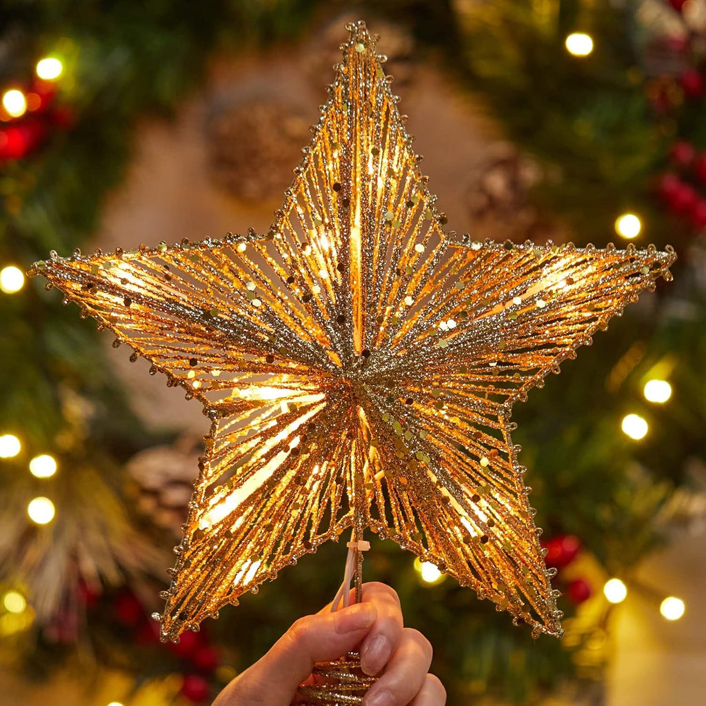 Star Tree Topper, Plug in 3D Star Tree Topper, 11"Golden Glittered Metal Hollow Designed Built-in 10 Bulbs String
