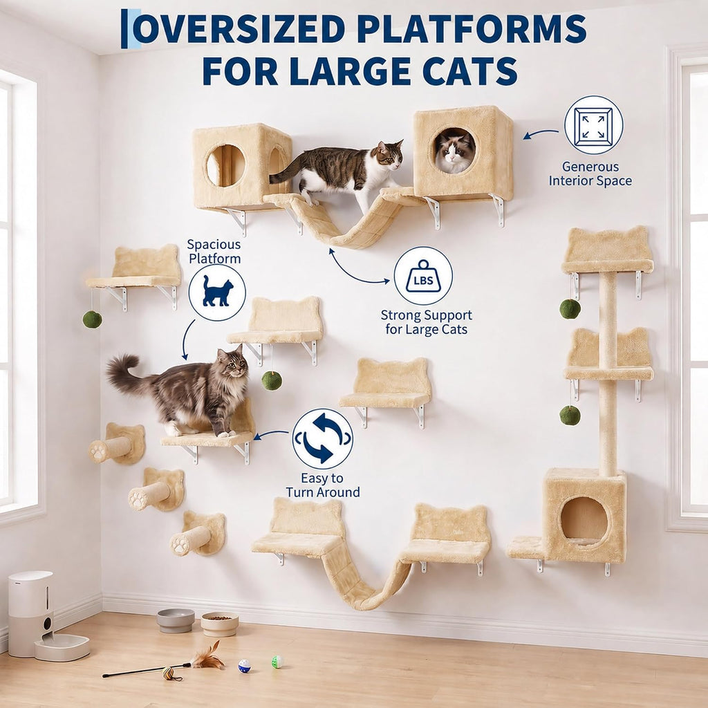 Cat Wall Shelves, 18-in-1 Wall Mounted Cat Furniture Set, Beige