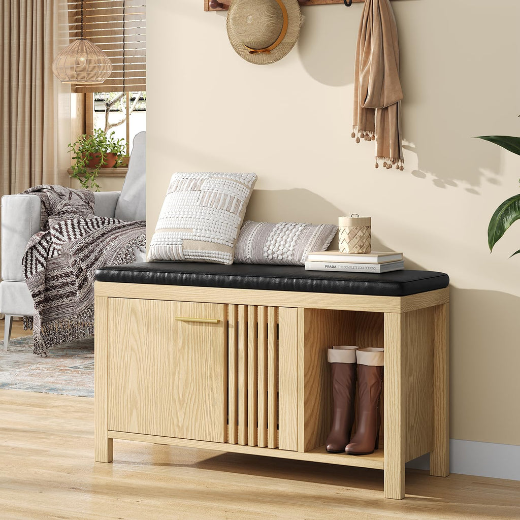 40" Shoe Storage Bench with Flip Drawers & Padded Seat Cushion