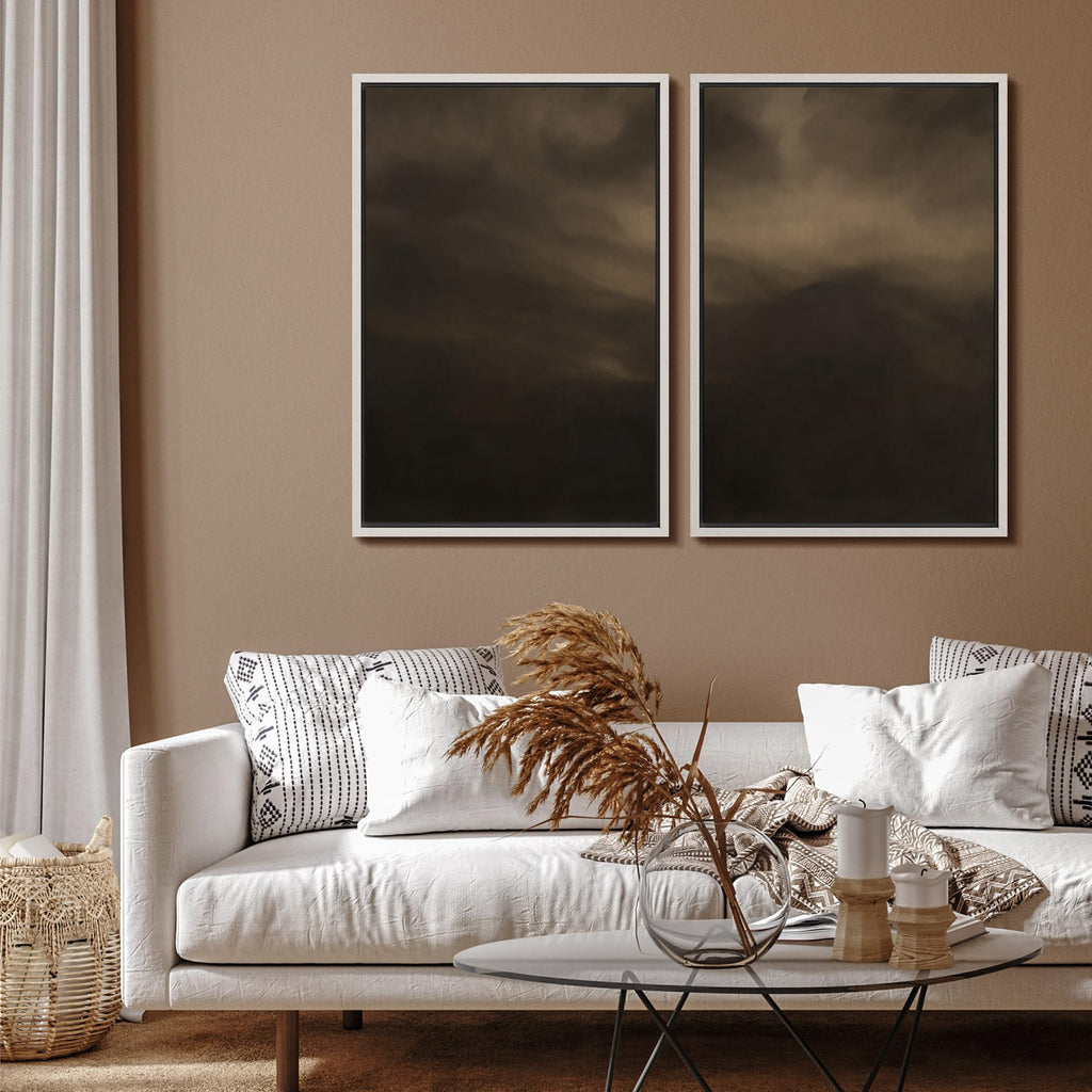 Framed Canvas Print Wall Art Set Moody Misty Landscape Soft Brown and Gray Hues Illustration Modern Art Decorative
