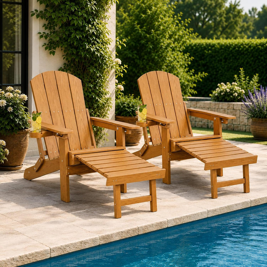 Folding Adjustable Adirondack Chair Set of 2 with Footrest, HDPE Adirondack Chair with Cup Holders & Phone Slot