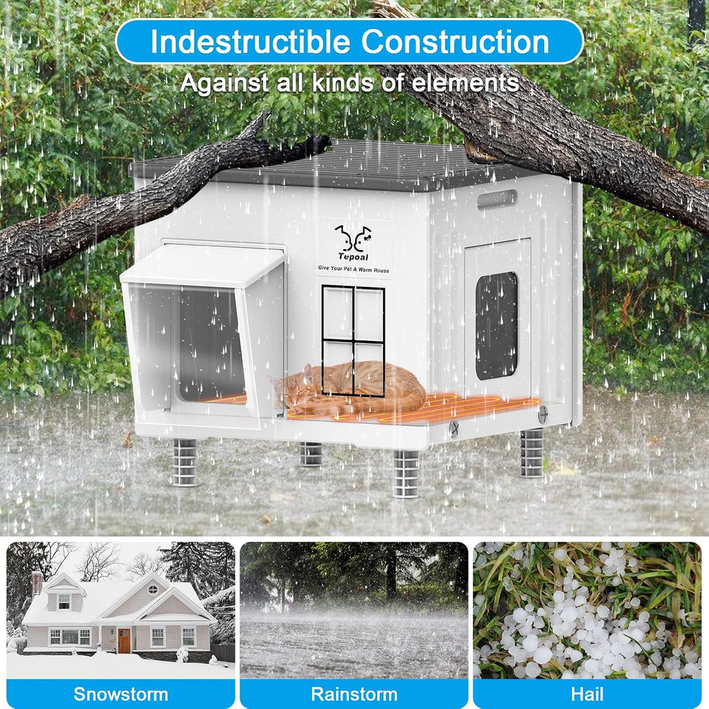 Indestructible Heated Cat House for Outside Winter, Heated Outdoor Cat House Weatherproof with Escape Door