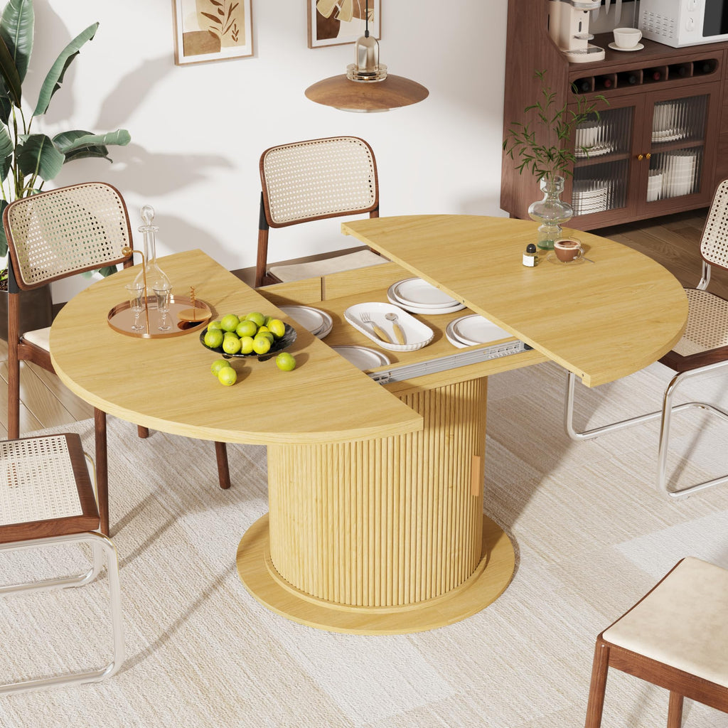 47-63in Extendable Round Dining Table for 4-8, Modern Kitchen Oval Dining Table with 2-Layer Storage Shelf, Wood
