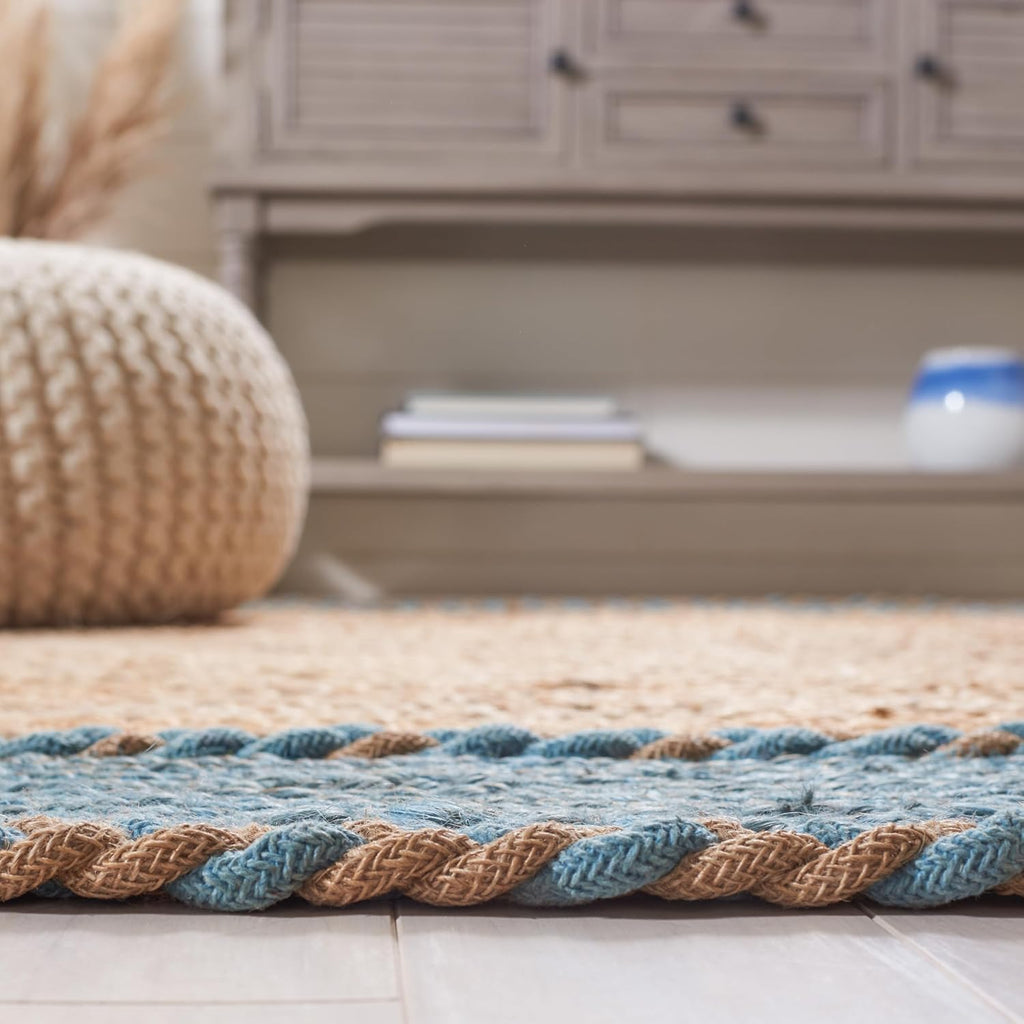 Natural Fiber Collection Area Rug - Oval, Natural & Blue, Handmade Jute, Ideal for High Traffic Areas