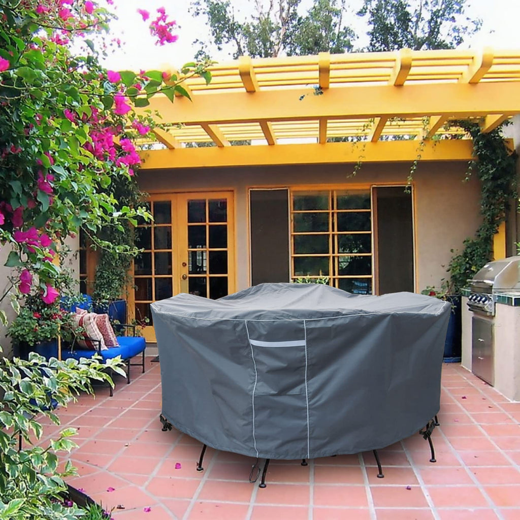 Round Patio Table Cover Waterproof, Outdoor Furniture Covers for Round Table Set, 600D Heavy Duty, 96" Dia x 28" H