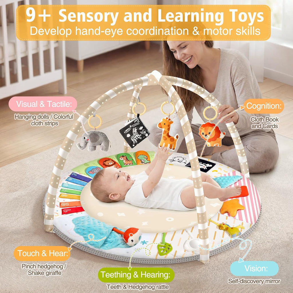 Baby Play Gym Mat Tummy Time Mat with 5 Sensory Toys for 0-18 Months